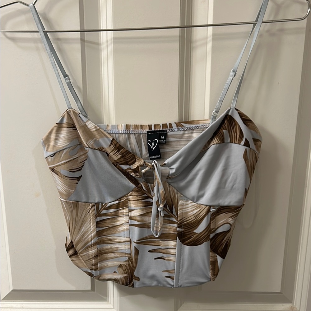 Windsor Silver Brown Sleeveless Tie Front Crop Top